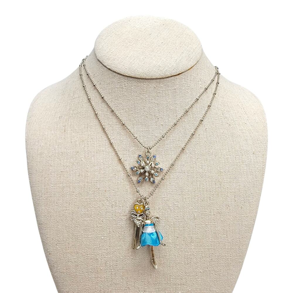 Betsey Johnson Ballerina Snowflake Layered Charm Necklace Blue Crystals READ